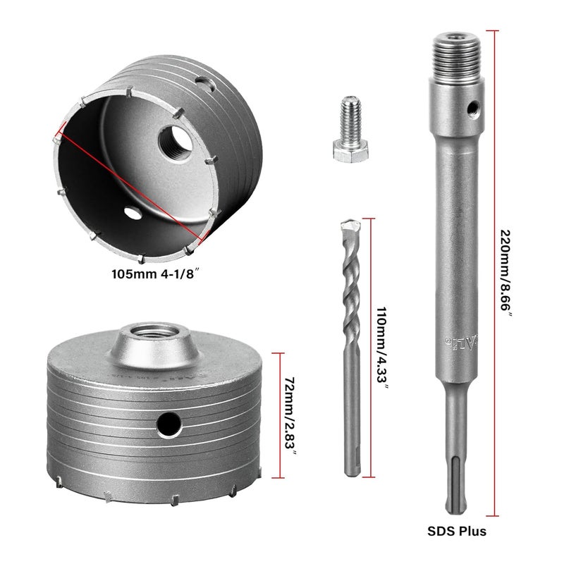 SALI Concrete Hole Saw Kits 4-1/8"（105mm） Tungsten Steel Wall Hole Cutter Drill Bit Sets with 220mm SDS Plus Shank Connecting Rod，110mm Center Positioning Drill Bits for Cinder Block,Brick,Adobe Wall - Image 2